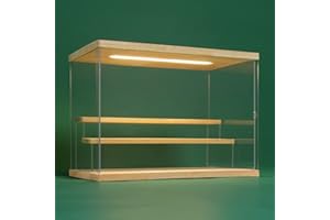 Nonemey Vitrina Expositora Transparente con Luz Led,2/3/4/5/6 Niveles Cajas de Metacrilato de Almacenaje,Antipolvo Caja Organizadora,Vitrina Acrílica para Colecciones (Madera, 3Tier-31.5*18*23 cm)