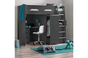 happybeds High Sleeper Storage Bed, Pegasus Anthracite Wood Modern Desk Wardrobe Drawers Cupboards Loft Bunk Frame - 3ft Single (90 x 190 cm) Frame Only