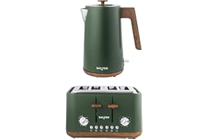 Salter Toronto Green Toaster & Kettle Set – 4-Slice 1630W Toaster with 6 Browning Levels & Wide Slots, 1.7L 3000W Rapid Boil Kettle with Limescale Filter, Auto Shut-Off & Wooden Accents