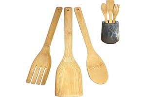 WORLD TRADE Set di Utensili da Cucina in Legno di Bamboo - Kit di 3 Accessori da Cucina AntiGraffio (Paletta per Cucina, Cucchiaio in Legno, Mestolo) - Attrezzi da Cucina in bambù Naturale