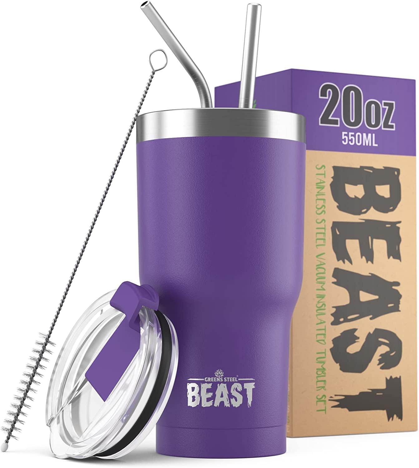 Greens Steel Beast Tumbler – 550 ml (20 oz), Púrpura Profundo | Vaso de acero inoxidable reutilizable con aislamiento al vacío | con 2 pajitas y cepillo de limpieza | Termo de viaje de doble pared