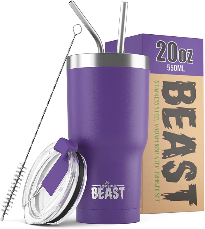 Greens Steel Beast Tumbler – 550 ml (20 oz), Púrpura Profundo | Vaso de acero inoxidable reutilizable con aislamiento al vacío | con 2 pajitas y cepillo de limpieza | Termo de viaje de doble pared