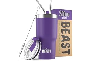 Greens Steel Beast Tumbler – 550 ml (20 oz), Púrpura Profundo | Vaso de acero inoxidable reutilizable con aislamiento al vacío | con 2 pajitas y cepillo de limpieza | Termo de viaje de doble pared