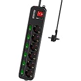 Steckdosenleiste Einzeln Schaltbar 6-Fach, Mehrfachsteckdose mit UAB, 5m Flachstecker Verlängerungskabel Schwarz