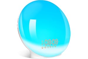 Togaga Réveil Lumineux, Radio Réveil Simulateur d'Aube et Crépuscule Lampe de Chevet 16 Niveaux Luminosité 7 Couleurs Lumières 7 Sons Naturels Radio FM 2 Réveils Fonction Snooze Veilleuse Enfant