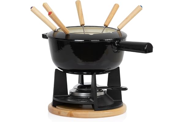 Mahlzeit Service à Fondue en Fonte pour 6 Personnes | 2 litres | Service à Fondue à 13 pièces avec brûleur et fourchettes | Service à Fondue Chocolat, Fondue bourguignonne (Noir émaillé),