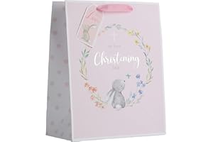 Grehge Partisan Products White Kraft Paper Rabbit Pink Girl Christening Gift Bag With Gift Tag Fully Recyclable Medium