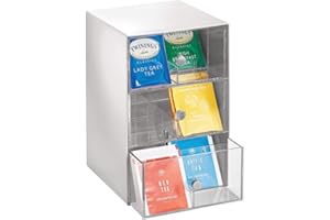 mDesign Küchen Organizer mit 3 Schubladen – Aufbewahrungsbox für Teebeutel, Kaffeepads, Süßungsmittel und mehr – Teekiste mit 18 Fächern aus Kunststoff – hellgrau und durchsichtig