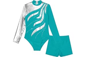 JanJean Kinder Mädchen Gymnastikanzug Glänzend Ballettanzug Langarm Turnanzug Ballett Trikot mit Kurze Hose Wettbewerb Tanzkostüm