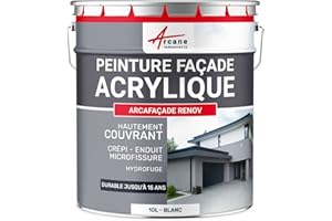 ARCANE INDUSTRIES Peinture Façade - Peinture Hydrofuge Acrylique 14 Couleurs - Dure jusqu'à 15 Ans - 10 L (+ ou - 60 m² en 1 Couche) Blanc