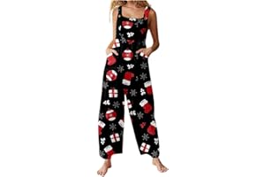 GENERIC Xmas Onesies Christmas Jumpsuit For Women Uk Santa Claus Print Dungarees Snowman Print Tunic Long Overall High Waist Slim Fit Fitness Onsies Romper Wide Leg One Piece Playsuits Romper With Pockets