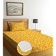 NEW LEAF Pure Cotton Elastic Fitted Bedsheets with 1 King Size Pillow Covers | Single Mattress Bed with All Around Elastic 210tc Supersoft | Size - 72 x 36 +6 inches | Floral, Yellow & Red