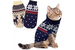 LATRAT Lot de 2 Pulls de Noël pour Chat et Chien - Flocons de Neige - Motif Rennes Tricot - Vêtements d'hiver pour Animaux de Compagnie - Pull Chaud pour Chatons et Chiens de Petite Taille - Élan et