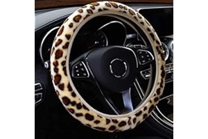 CYSOCOOL Couvre Volant de Voiture en Peluche en Leopard Motif Chaud Hiver Universelle Caches de Volant Thermique Antidérapant Elastique Auto Protege Couvre Volant Voiture de 36 à 39 cm, Intérieur de Voiture