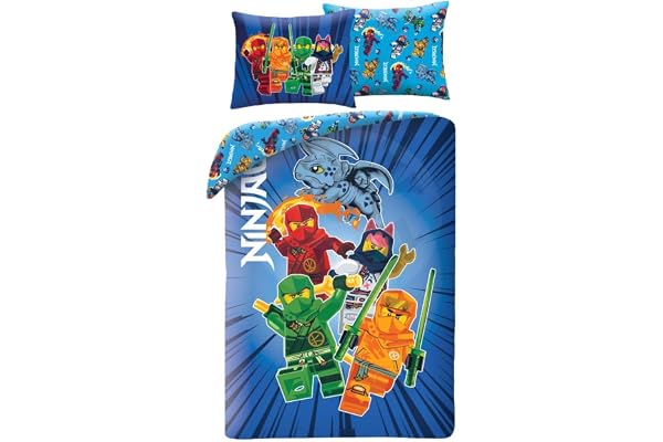Lego Ninjago Enkelsäng Påslakan 140x200 + Örngott Mikrofiber Oeko-Tex Barn | Vändbart sängset | Mjuk mikrofiber snabbtorkande | Officiell Lego licens | 4-12 år