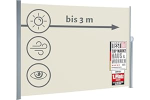 empasa Seitenmarkise Start 2.0 Sichtschutz Sonnenschutz Windschutz Markise ausziehbar für Garten, Balkon und Terrasse, mit Standfuß, Farbe:cremeweiß, Größe:180 x 300