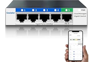 GOALAKE 5-Port Gigabit Switch,Easy Smart Managed,Plug & Play,Desktop/Wall-Mount,Sturdy Metal,Home Network Hub,Office Ethernet Splitter,Silent Operation,Support QoS,Vlan,DHCP,Web Interface/Phone App Monitor