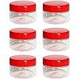 AFSUK 6 x 50ml Plastic Storage Jar With Screw Top Lids Airtight Food Storage Containers BPA Free For Kitchen, Herb, Spices, Sweets Clear Canister pots, Clear / Red Lid, 50ml Storage Jar