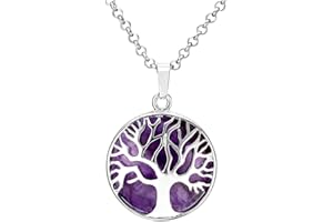 Jovivi Pendentif Collier Pierre Améthyste Retro Arbre de la Vie en Alliage Pierre Precieuse d'Energie Rond Accessoire Argent Cadeau Bijoux