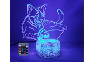 HPBN8 LTD HPBN8 lampa 3D z motywem kota, USB, pilot zdalnego sterowania, 7/16 kolorów, niesamowite iluzja optyczna, 3D, lampa LED, kształt dla dzieci, do sypialni, lampka nocna