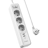 JSVER Power Strip USB C Socket, Extension Plug with 3 USB Ports (2 USB A+1 USB C) and 3 Multiple Charging Sockets with Switch