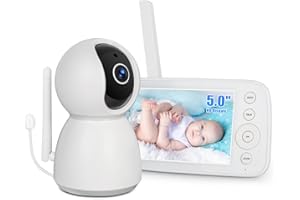 Byxsb Baby Monitor 5 inch with Camera IPS Screen LCD Display, 360°/90°Remote Pan/Tilt/Zoom, Night Vision, 2-Way Talk, 10 Lullabies, Temperature, Feeding Reminder
