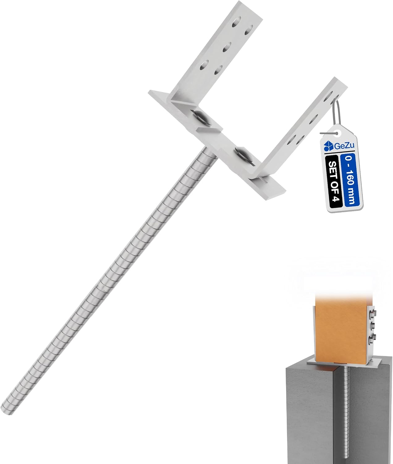GeZu Impex Adjustable U Post Support 400 mm Electroplated Zinc Coated Set of 4 U Shape Concrete In Post Support Width Adjustable Rod Anchor Bracket U Type Fence Foot Anchor