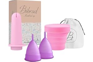 Bibrad Copa Menstrual - 2 Copas Menstruales Tallas L, Aplicador, Vaso Esterilizador y Bolsa de Transporte de Algodón - 100% Suave Silicona de Grado Medico Lavable y Reutilizable (L-L+APLICADOR)