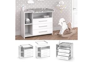 ‎VICCO Vicco Wickelkommode Oskar, Weiß, 113 x 100 cm mit 3 großen Schubladen