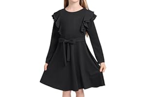 AGQT Abito Ragazze Manica Lunga A-Lineo Elegante Abito Principessa Abito Elegante da Bambina a Trapezio con Maniche Lunghe Abiti Collo Rotondo con Cintura Taglia 2-14Anni