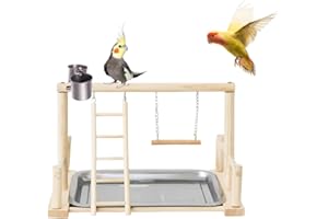 SYMPHONYW Vogel Spielplatz, Holz Wellensittich Spielplatz Freisitz mit 2 Edelstahl Feeder-Cup Spielzeug Leiter und Tablett, Papageien-Spielständer Sitzstange für Nymphensittich Papageien Wellensittiche (A)