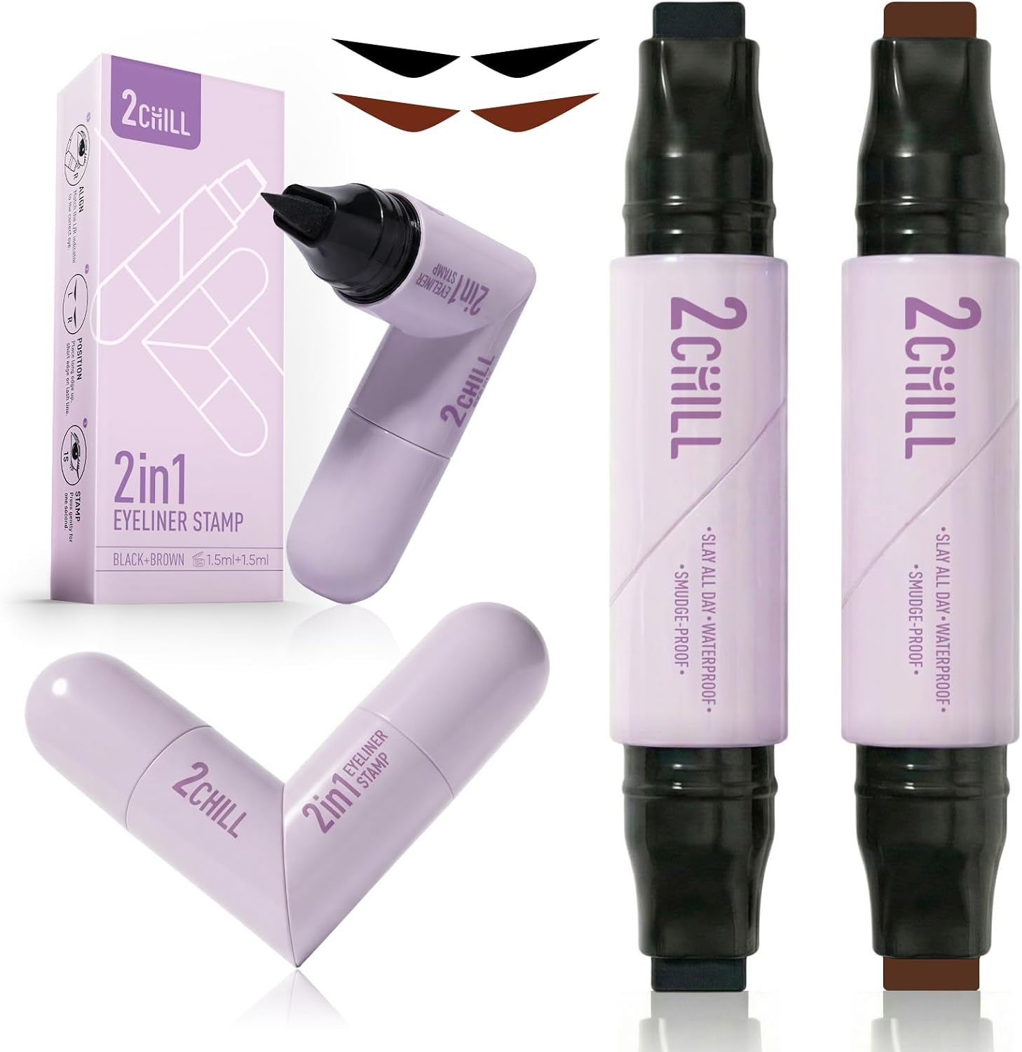 2CHILL 2-Pack de sellos giratorios para eyeliner, resistente al agua y al sudor, de secado rápido, de larga duración, acabado mate, maquillaje de ojos fácil para principiantes, cosmética (negro +