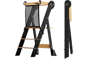 ‎COSYLAND COSYLAND Montessori Lernturm ab 1 Jahr klappbar – Höhenverstellbarer Kinder Lernturm | Faltbarer Montessori Learning Tower aus Bambus | Lernstuhl Kinder ab 1 Jahr Kitchen Helper - Schwarz & Natur