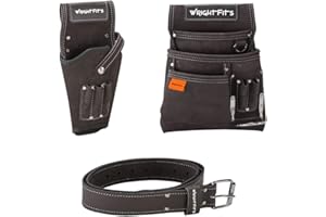 WrightFits Leather Tool Belt Pouch with Multi Pockets | Hammer Loop Drill Holster Work Tool Organiser & Storage with Belt | Adjustable Waist For Carpenters, Gardeners, Builders, Electricians
