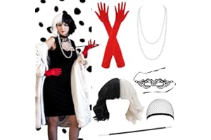 CHMMY Cruella Deville Costume 70s Fancy Dress for Women 70s cosplay accessories with Lace Mask Gloves Pearl Jewelry Fancy Dress Wig for Halloween Mardi Gras