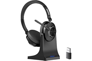 Voistek Kabelloses Headset, Bluetooth-Headset mit Mikrofon und Rauschunterdrückung,USB-Dongle für PC, Mikrofon-Stummschaltung & Ladestation für Computer/Handy/Meeting/Call Center/Büro