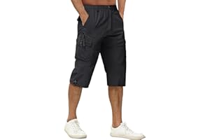 TACVASEN Men's 3/4 Length Shorts Cotton Casual Capri Cargo Shorts Cropped Trousers with Multi Pockets