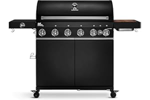 ‎BURNHARD BURNHARD® Gasgrill 6-Brenner inkl. BACKBURNER, 900°C Infrarot-Keramikbrenner, Seitenkochfeld, Gusseisen-Grillrost, Grillabdeckung, Grillwagen, klappbare Seitentische, Schwarz – Fat FRED Deluxe