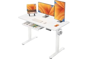 ErGear Scrivania Regolabile in Altezza 120 x 60 cm, Scrivania Altezza Regolabile con 4 Memorie Smart, Cassetti & Tavola Divisa in Pi?Pezzi, Design a T per Maggiore Stabilit? Bianca