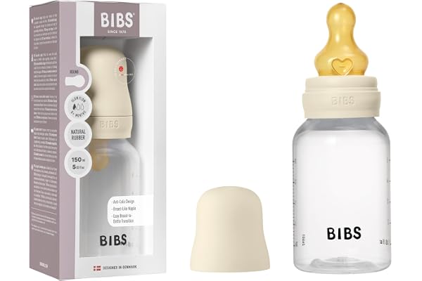 Biberon BIBS d’une capacité de 150 ml avec tétine en caoutchouc naturel - fonction anti-colique, sans bisphénol A, tétine ronde, débit lent, convient aux nouveau-nés - Ivory