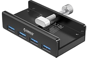 ORICO Hub USB z klipsem, 4 porty USB 3.0, koncentrator 5 Gbps, super Speed Mini, aluminiowy, z kablem 150 cm (A do A, czarny) do monitorów, biurka (bez przyłącza zasilacza), czarny