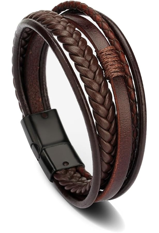 Bracelet Cuir Homme Mochity 21cm Tressé - Noir Marron Bleu Avec Boîte Cadeau