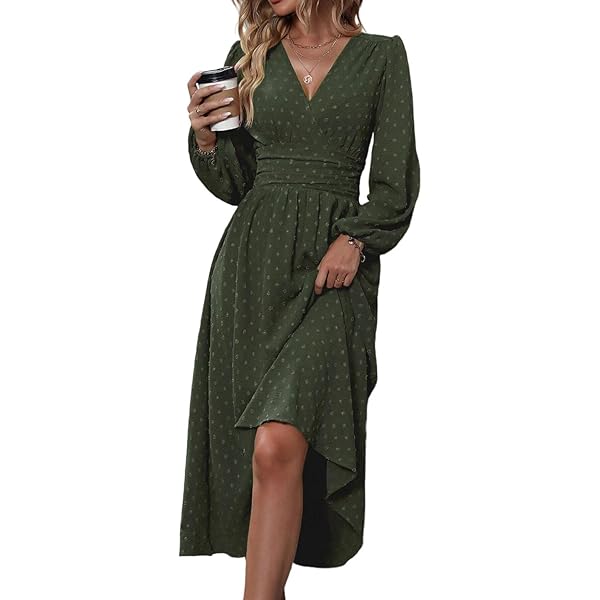 JENJON Damesjurk 2.0 elegante lange mouwen V-hals tuniek maxi-jurk casual hoge taille zoomsplit cocktailjurk, B-violet, M