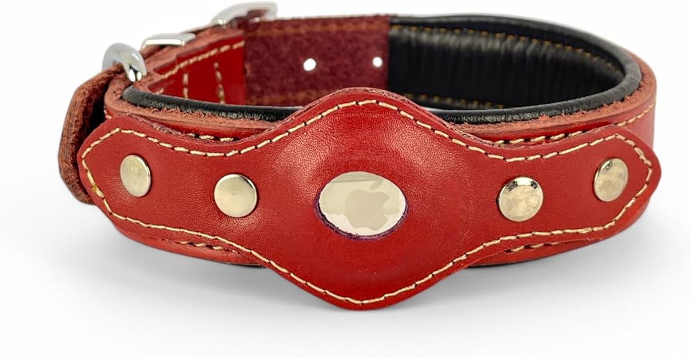 Canini Collar Hakiki Klasik Deri Airtag Uyumlu Köpek Tasması – Dayanıklı, Konforlu ve Şık Tasarım, Airtag Bölmeli Gerçek Deriden Köpekler İçin Tasma (Kırmızı, S)