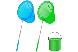 HUTATO 2 Packs Kids Fishing Net,Telescopic Butterfly Net,Pond Net Extendable (35 to 86 cm) with 1 Pack Folding Bucketfor Kids Catching Bugs Insect Small Fish Outdoor Beach Garden Activities