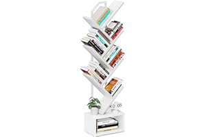 Coleshome Tree Bookshelf, 6-Tier Floor Standing Bookcase, Bookcases suitable for bedrooms and living rooms, Wooden bookshelves suitable for bedrooms and living rooms, White