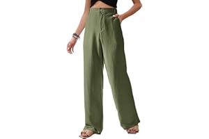 PASUDA Pantalones Lino Mujer Verano Pantalones Comodos Anchos Pantalones Baggy Rectos de Cintura Alta Mujer Pantalon Casual con Bolsillos