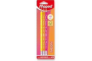 Maped - 3 Crayons Graphite HB2 Néon- Crayons à Papier FSC HB Embout Gomme - Forme Triangulaire Ergonomique - Mine Résistante