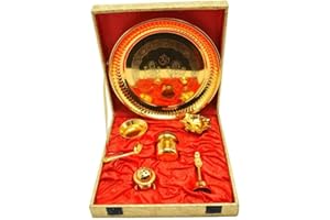 Estationeryhouse Indian Pooja Thali Set of 7 Pcs Diwali Festival Brass Aarti Pooja Thali brass thali in gold gift box