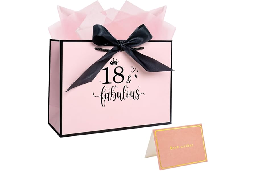 Nwvuop 11.0× 8.0× 4.0 Inches 18th Birthday Gift Bag for Girls, 18th Pink Paper Gift Bag with Tissue Paper and Card